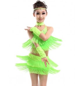 Neon green violet purple red yellow gold rhinestones fringes girls kids children competition performance latin salsa cha cha dance dresses set